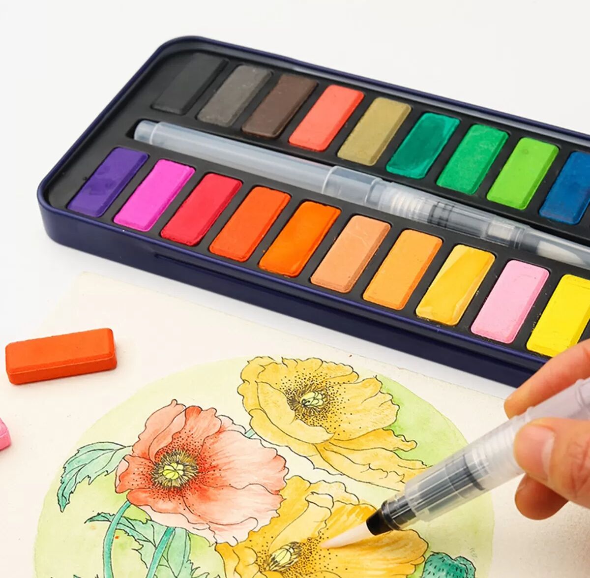 INF 24-Farben-Aquarellfarben-Set mit schwarzer Eisenbox & Nylonpinsel - Tragbare Kunstbedarf