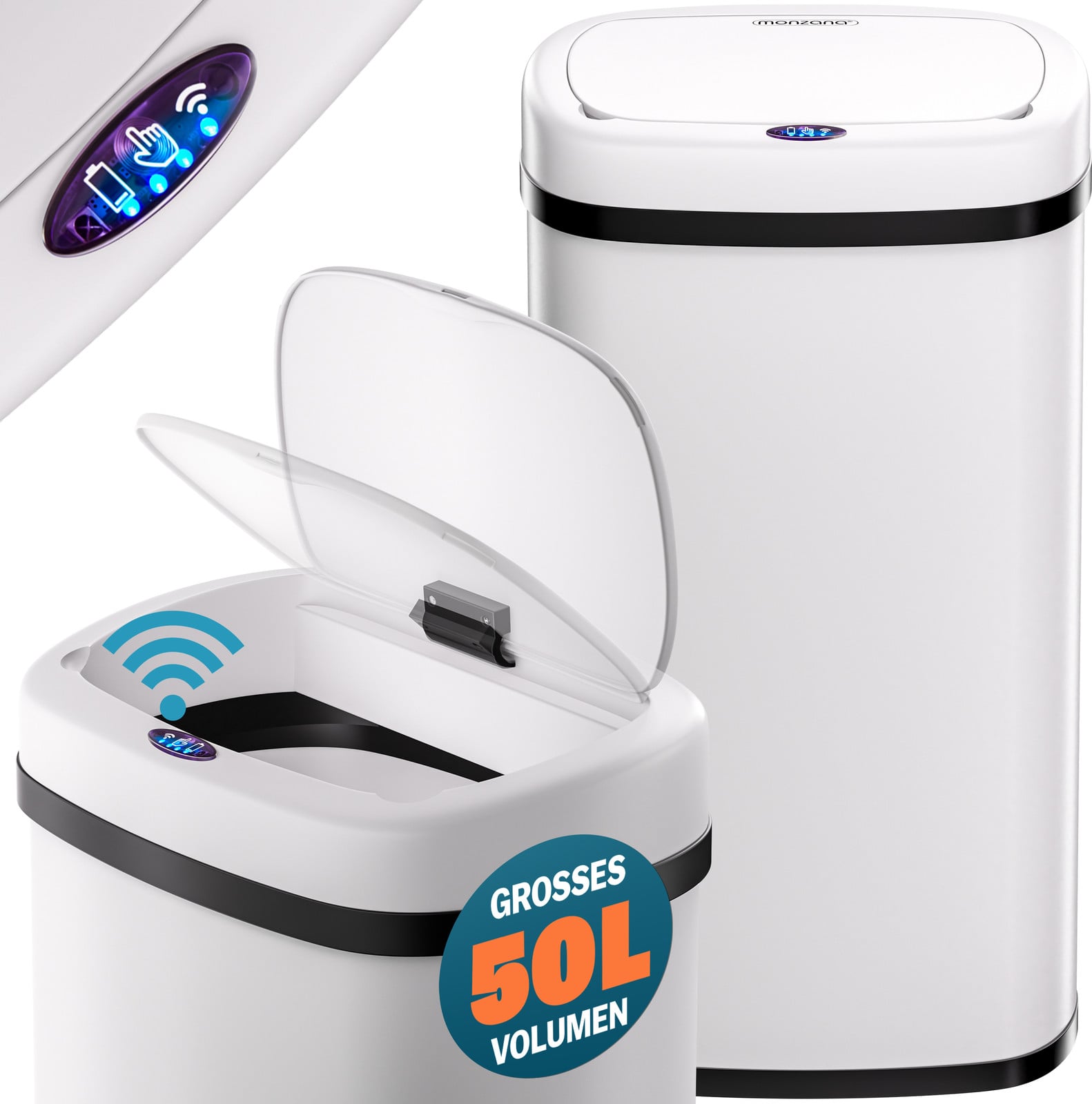 Monzana Vuilnisbak met sensor voor de keuken, 50 liter, wit, roestvrij staal met automatische deksel en LED-indicator