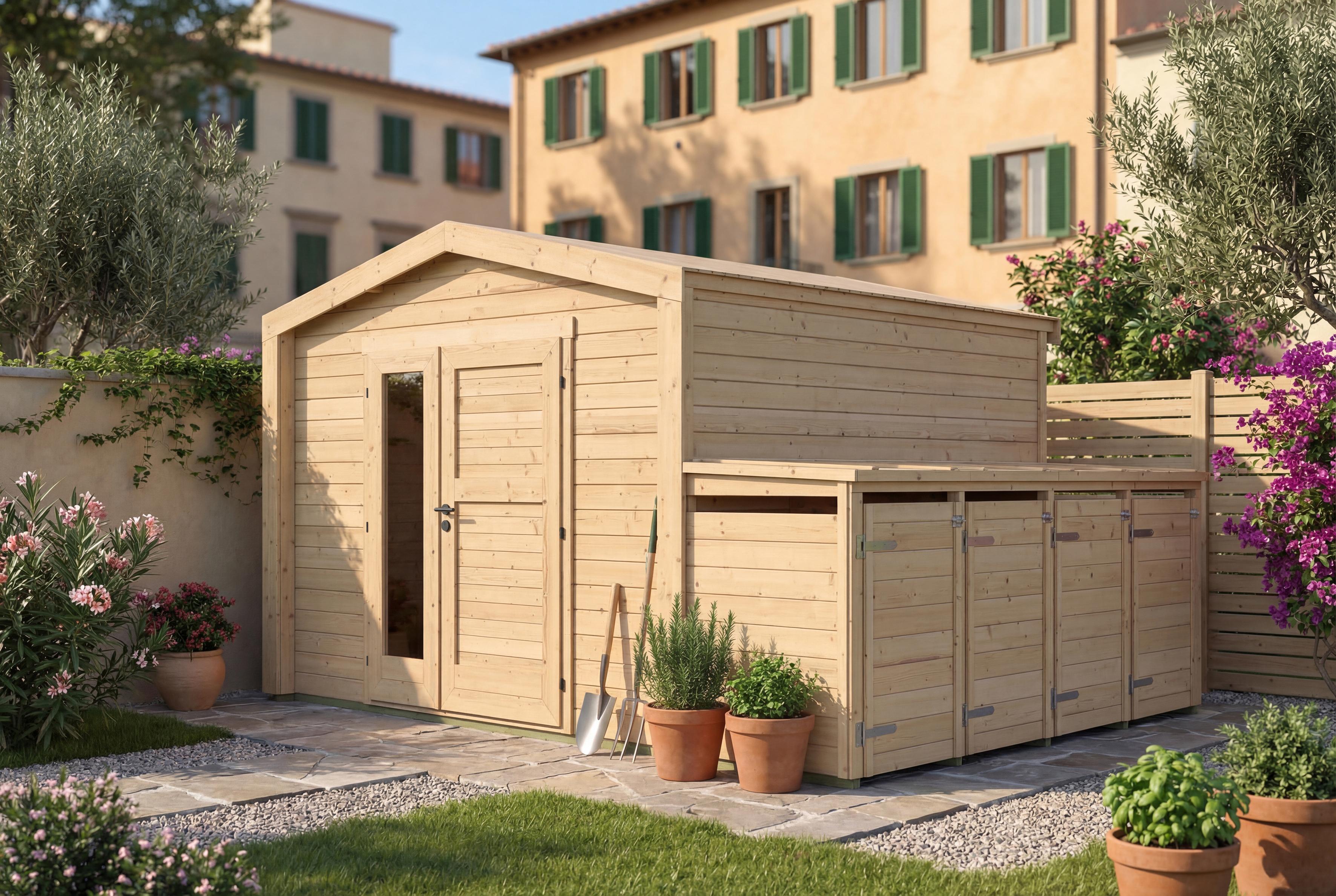 Gartenhaus Killarney, 300x300cm, Naturbelassen, 28mm, 4er Mülltonnenbox