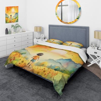 DESIGN ART "Designart ""Child Running Free"" Yellow Children's Art - Bed Cover Set With Shams"