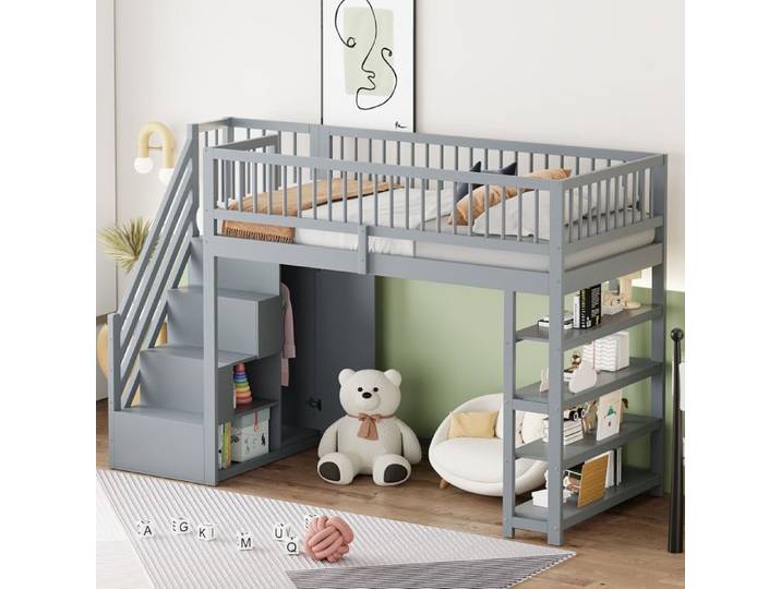 Lit mezzanine - ZEVKOR - Lit mezzanine Enfant 90×200 cm - Armoire intégrée - Escalier sécurisé - Gris