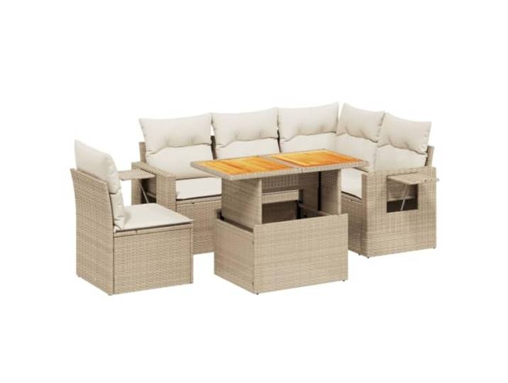 PUGYNBK Garten-Sofa-Set, 6-teilig, synthetisches Rattan, Beige Klappbarer Beistelltisch mit Armlehnen, abnehmbare Kissen, modulares Design, verstellbare Tischplatte