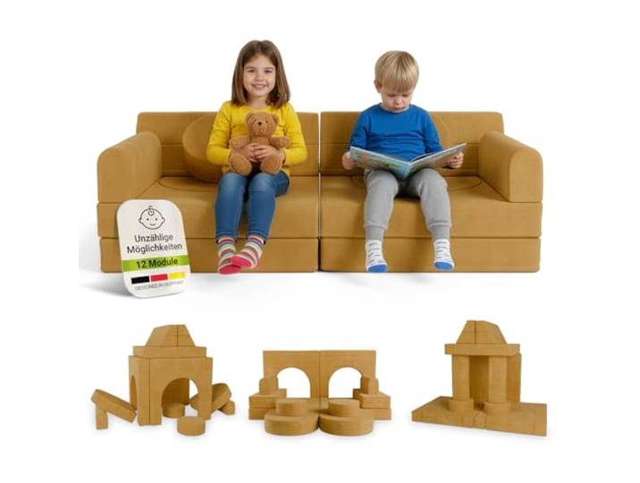 Juskys® Kindersofa Kayo – Cord, modular & weich, Sofa für Kinderzimmer & Spielzimmer, sicher, flexibel, pflegeleicht, mit abnehmbaren Bezügen – Gelb