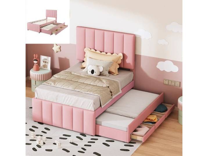 Lit gigogne enfant 90x200 cm avec Tiroirs - Rose - Bois Massif