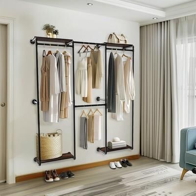 UNHO Industrial Pipe Clothes Rack Wall Mounted Clothing Rack Wardrobe Storage Clothes