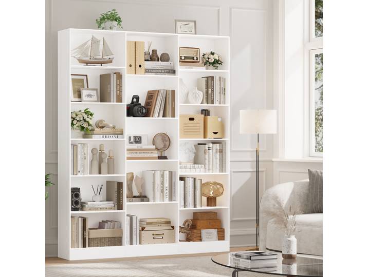 Getone Bibliothèque Étagère de Rangement 6 Niveaux Bibliotheque avec 17 Étagères Meuble de Rangement Bibliothèques pour Salon Bureau Chambre 149x23.5x188cm, Blanc/Noir/Chêne/Vert