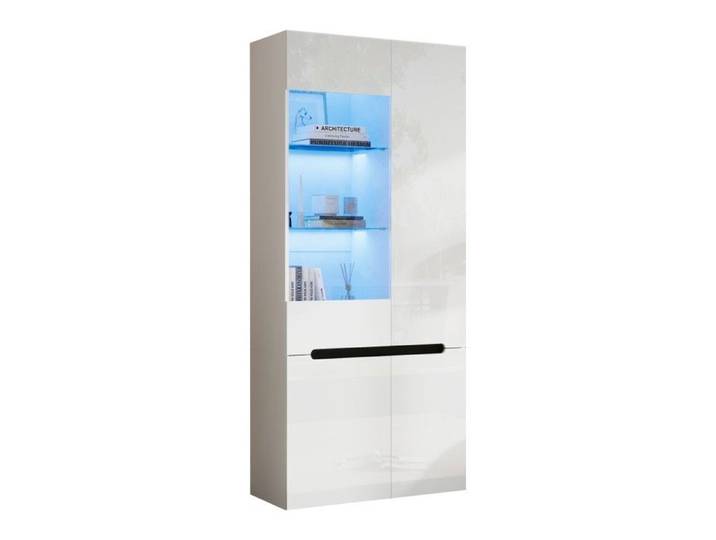 Vitrine 80x35x180cm Blanc Avec LED 4 Portes Battantes Verre Sécurité Façade Brillante Vitrine Collection Salon Chambre