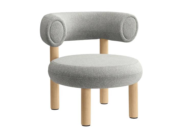 Tom Dixon Fat loungestuhl Brushed naturbelassenes Holz & naturbelassene Alpine-Bouclé