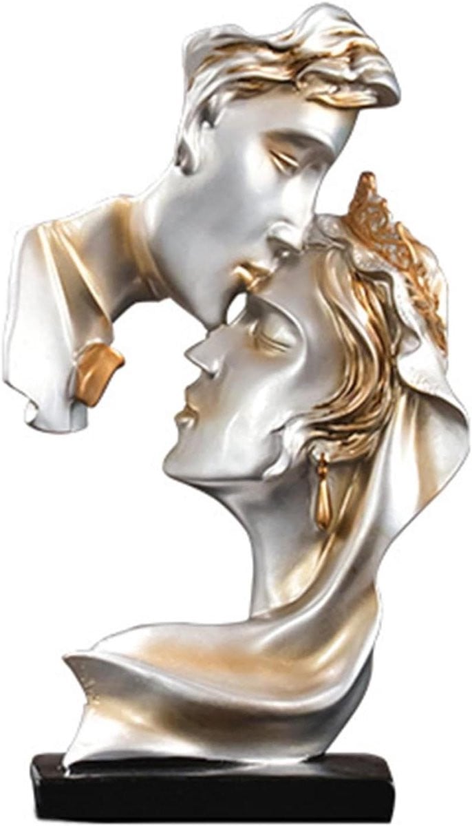 Koppels Kus Sculptuur - Abstract Liefdesbeeldje voor Huisdecoratie - Grijs - Hoogte: 26 cm