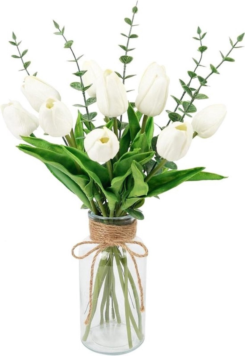 Kunstboeket met zijden neptulpen en eucalyptus in glazen vaas