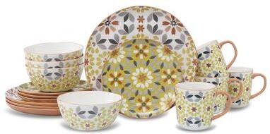 Lorren Home Trends 16-Piece Bone China Floral Dinnerware Set, Yellow and Gray Pattern