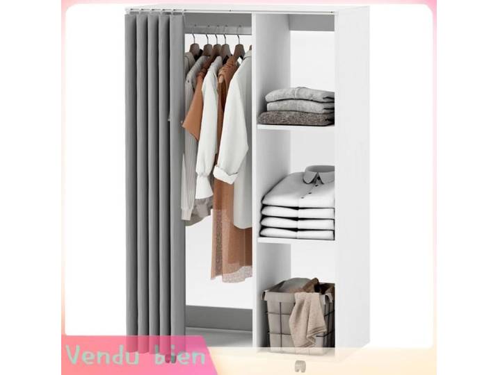 LIA Armoire penderie mobile blanche 4 roulettes tringle vêtements étagères ouvertes
