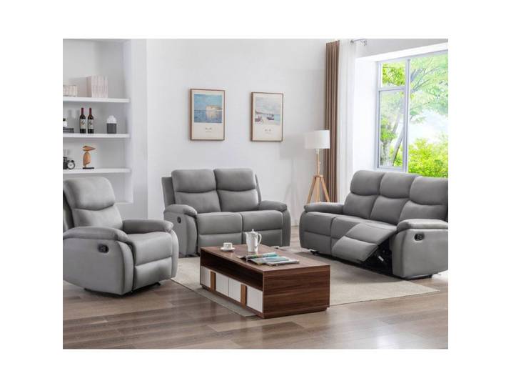Ensemble 2 canapés + fauteuil relax manuel en PU gris clair - ZOLARA