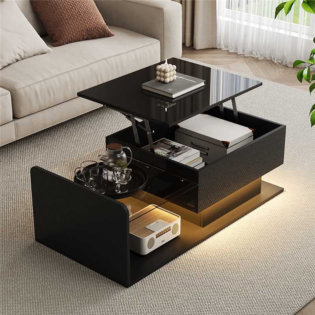 Pugsdrly Salontafel met glazen blad en LED-effect, hoogglans zwart