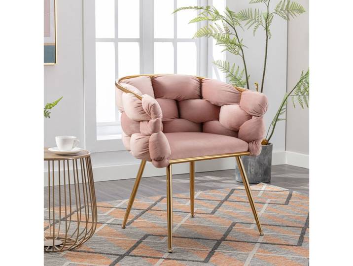 Fauteuil moderne en velours – Rose – Métal doré – Avec accoudoirs