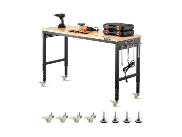 VEVOR Établi Atelier Garage 1524 mm Table de Travail sur roulettes à Hauteur Réglable\, Capacité de Charge 907\,2 kg avec Prise de Courant\, Panneau Perforé\, Établi Robuste en Chêne pour Bureau\, Maison