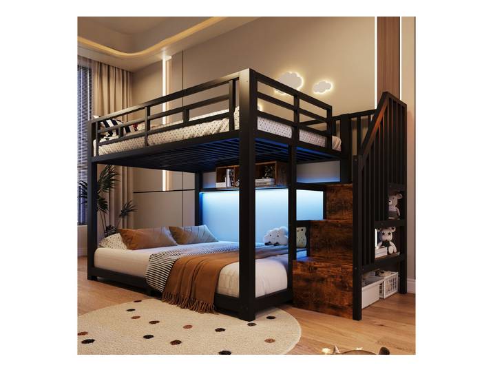 Flieks Etagenbett, Kinderbett Metallbett 140x200cm mit Lichtleiste Stauraumtreppe