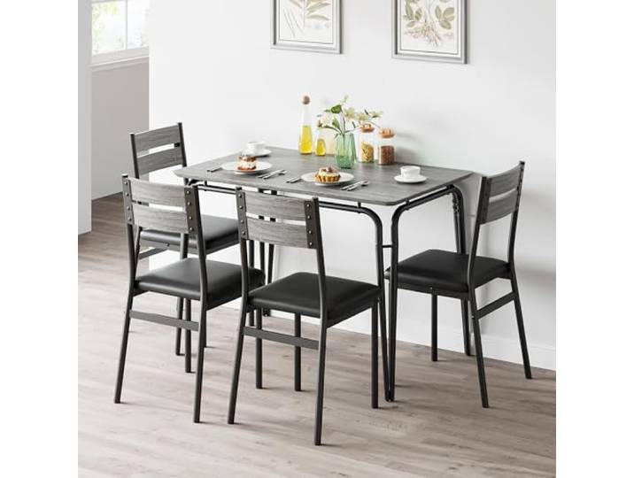 GarveeMore Essgruppe 5-teilig Quadratischer Esstisch für 4 Personen 4 Gepolsterte Stühle Stabiles Metallgestell MDF tabletop