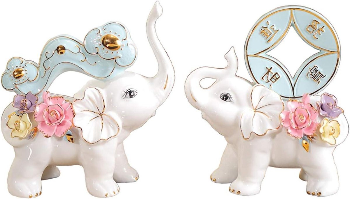 Handgekleurd Keramiek Olifant Standbeeld met Bloemen Decoratie - 2300 Gram