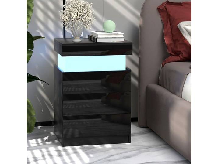 Table de chevet avec station de charge - Table de nuit LED - 3 tiroirs - PIPIPOXER noire