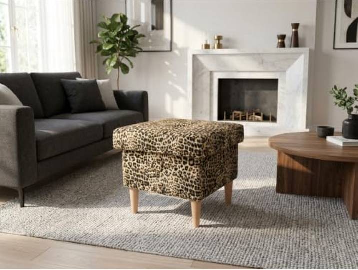 Family Meble Polsterhocker Ari Print – Fußhocker mit Stoff-Bezug und Stauraum – Braun · Pantera