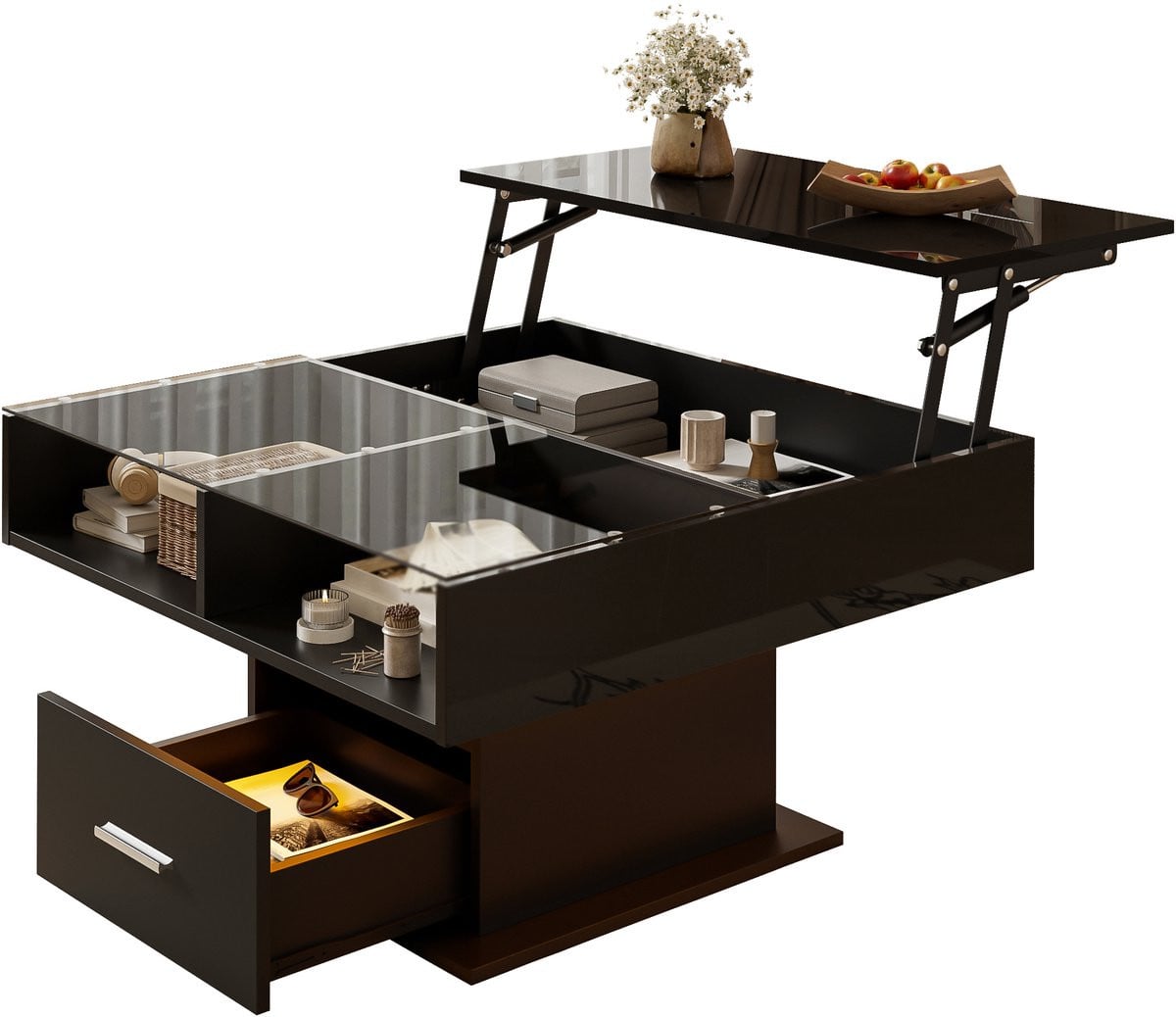 Multifunctionele Hoogglans Lift Salontafel met Verstelbare Hoogte en LED-verlichting