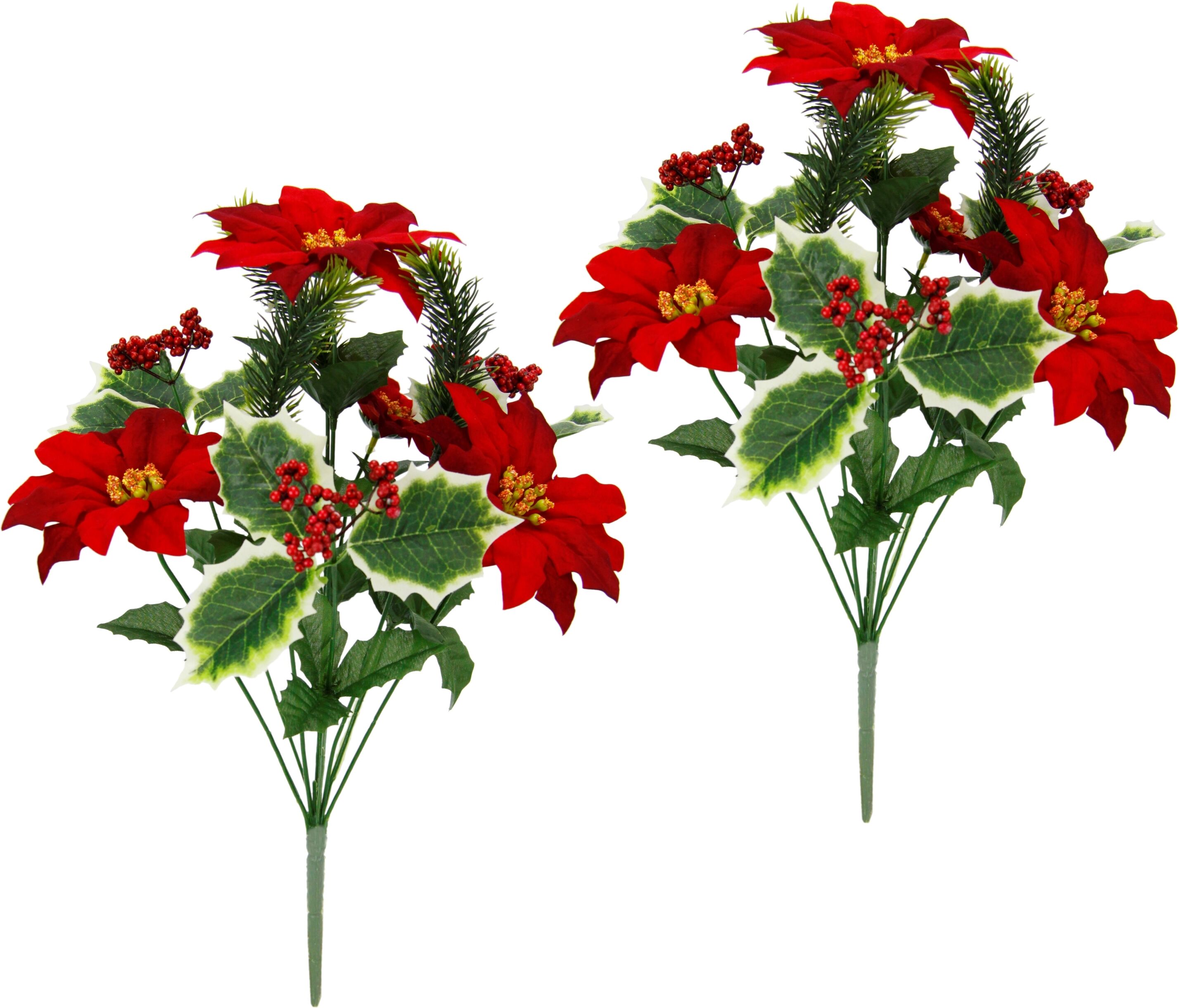 Kunstblume I.GE.A. "Poinsettiastrauß", rot, B:30cm H:45cm L:18cm, Polyester, Kunstpflanzen, Kunstblume, 2er Set Bouquet aus Weihnachtsstern Ilex Beeren Tanne Weihnachtsdeko