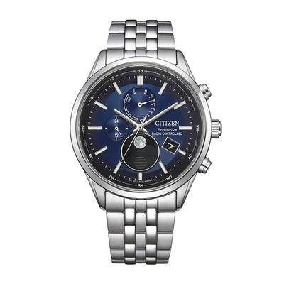 Funkuhr CITIZEN "Funkuhren Mondphase", silber (silberfarben, blau, blau), Armbanduhren, Herren, silberfarben, Funkuhr, Quarzuhr, Armbanduhr, Herrenuhr, Edelstahlarmband, analog, Big Date
