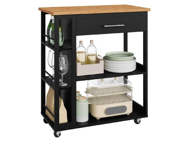 WOLTU Chariot de Cuisine sur roulettes 73x38x88cm Desserte de cuisine - Étagères pour Cuisine/Sdb/Studio Noir + Bambou