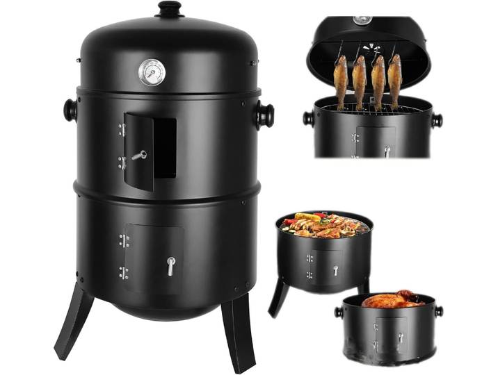 Gril à charbon de bois 3 en 1 pour barbecue, baril de fumeur avec thermomètre, baril de fumeur 3 en 1 pour fêtes de cuisine en plein air