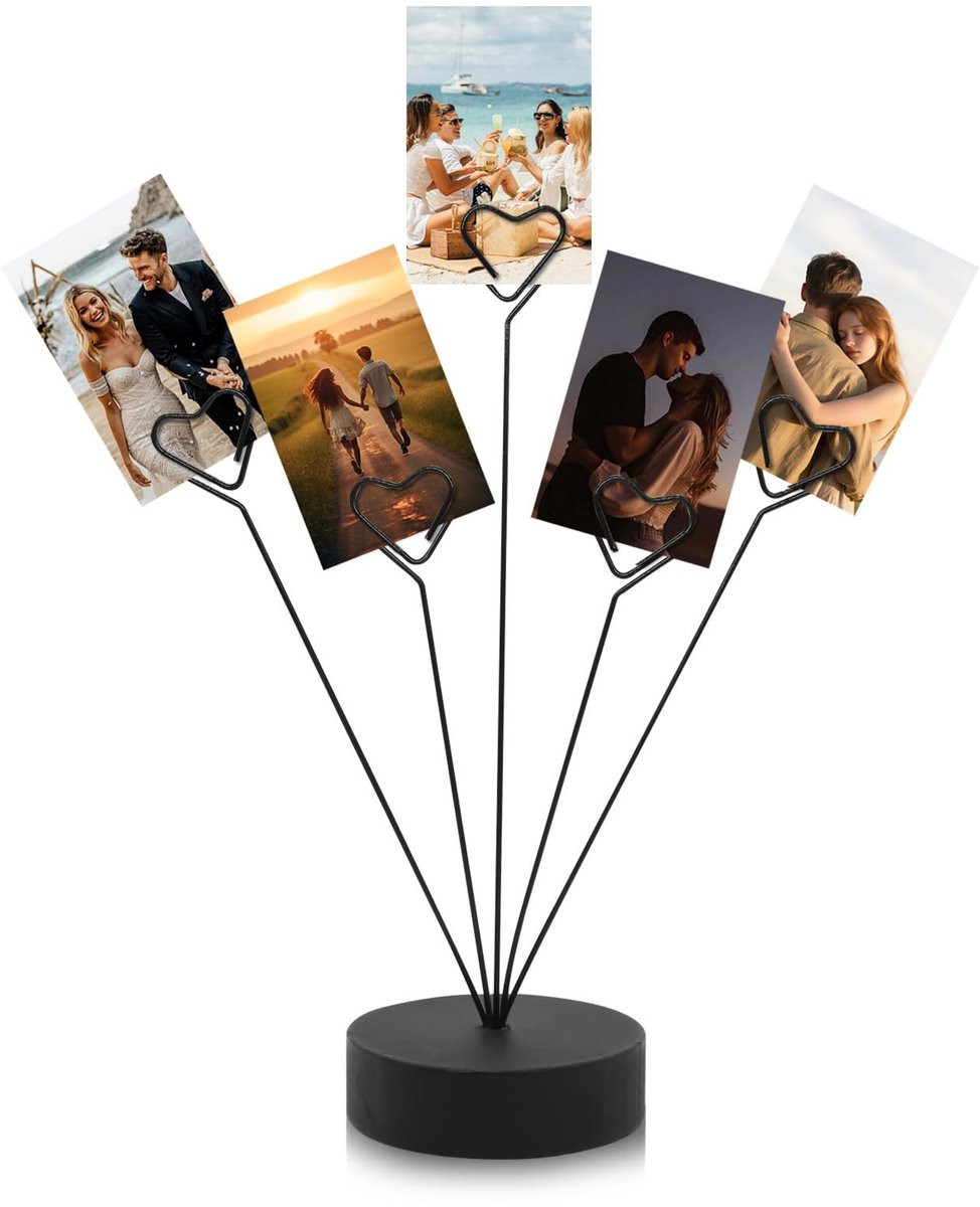 Dailygoods Hartvormige fotohouder met clips en houten voet voor foto's en cadeaubonnen