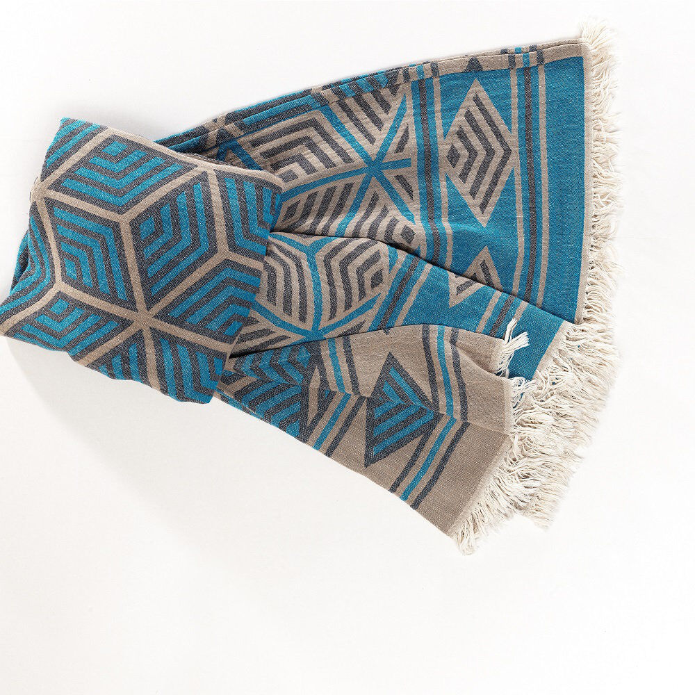 World Menagerie Lathan Geometric Blanket with Fringe Turquoise Blue W222 x L245cm