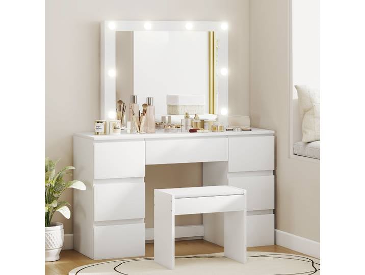 HOMCOM Coiffeuse LED Blanc avec Tabouret et 7 Tiroirs