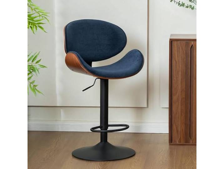 YOUTASTE Barhocker aus Gebogenem Holz 1er Set, Moderner, Chenille Blau Höhenverstellbar, 360°Drehbarer mit Holzlehne und Fußstütze, Retro Barstuhl für bar, Küche, 150kg