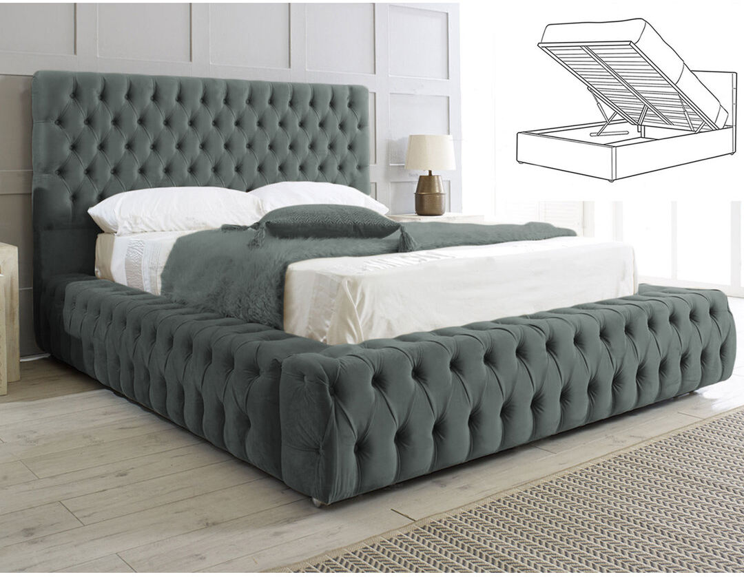 Britainsleep Elite Elegance Ambassador Ottoman Storage Bed - Premium Upholstered Velvet Bed Frame with Tall Headboard Chrome Kingsize (5')