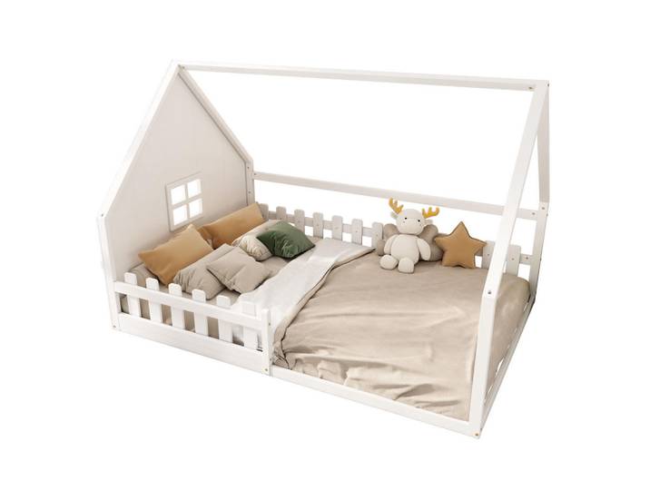 Okmyhome Polsterbett 140/200 cm Weiß aus Kiefernholz mit Hausdesign, Holz, Rechteckig, 140x200 cm, Schlafzimmer, Betten, Polsterbetten