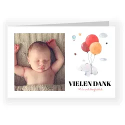 Dankeskarte Baby: Fliegender Elefant mit Fotos in Weiß