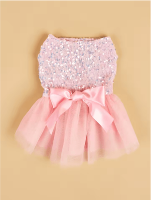 Inspire Picks Sequin Bow Princess Dog Dress Elegant Tulle Puppy Outfit For Small Pets pink xsold