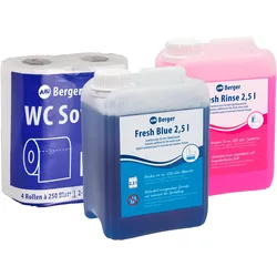 Berger Sanitär Set 3-teilig inkl. Fresh Blue 2,5 l + Fresh Rinse 2,5 l + WC Soft Toilettenpapier