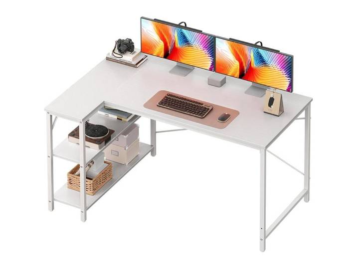 Bureau en L Rangement Étagères Réversible 120cm - Panneau Particules et Métal - Blanc