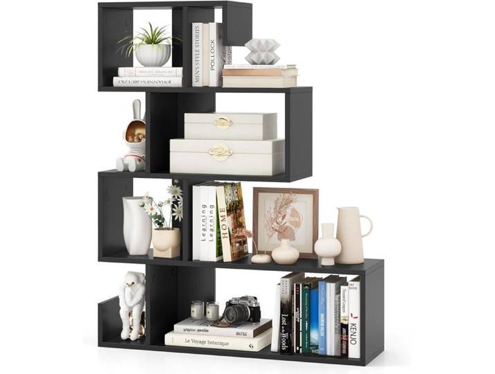 GOPLUS Bibliothèque 5 Niveaux en Forme de S 80x22x100cm-Étagère avec Kits Anti-basculement-Etagères Ouvertes Noir