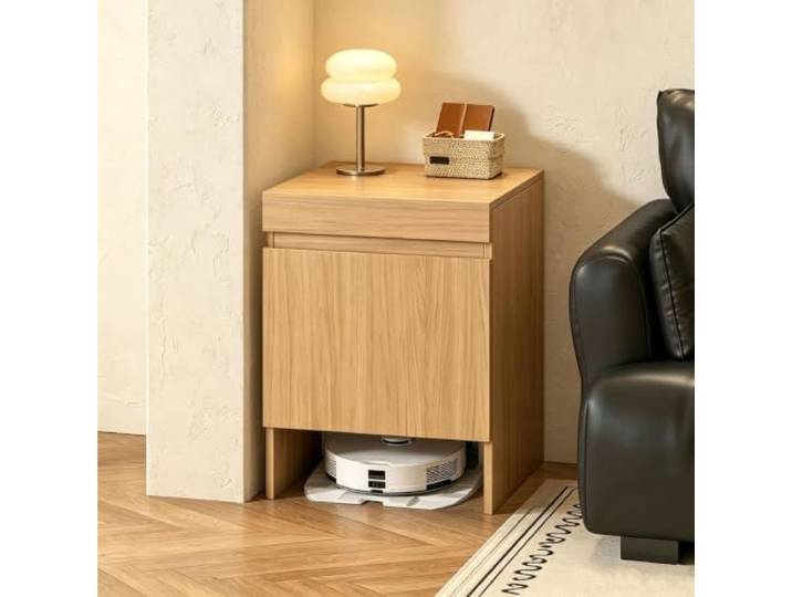 sunbiaouk Aufbewahrungsschrank für Saugroboter/Beistelltisch Freistehendes Holzregal mit ausziehbarem Fach für Wohn- und Schlafzimmer(Yellow)