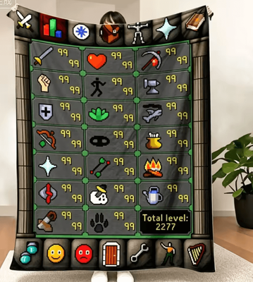 Inspire Curations OSRS Maxed 99 Skills Fleece Gaming Throw Blanket 7 150x200cm