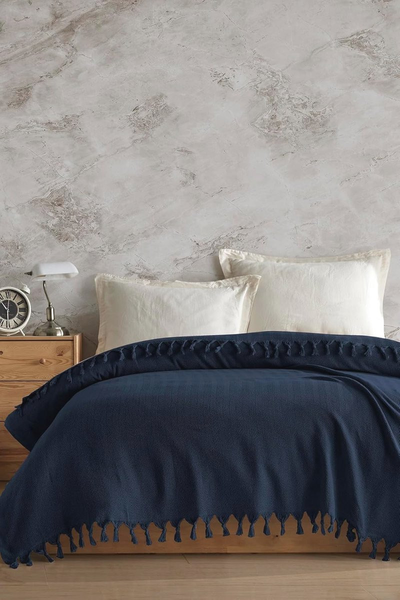 Omkeerbare bedsprei van 100% gerecycled katoen, Marine, 200 x 220 cm