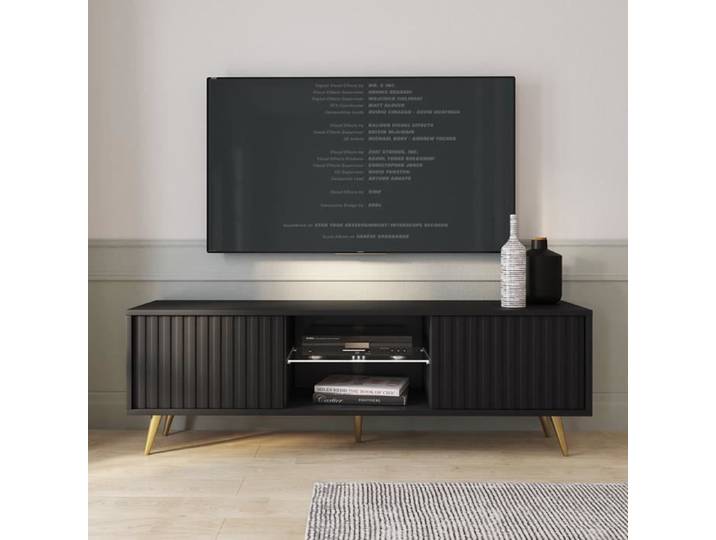 Meuble TV - SELSEY - BELLO - 135 cm - avec LED - façades à lamelles