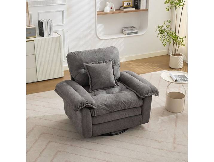 Fauteuil oversize - Pivotant 360° - Tissu chenille gris - Coussin mousse+ressorts - Pied métal 136 kg