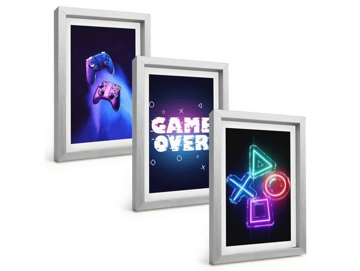 BILDER SET 3er Set - 20x30 cm Silberner Rahmen - Game Over Gamepads