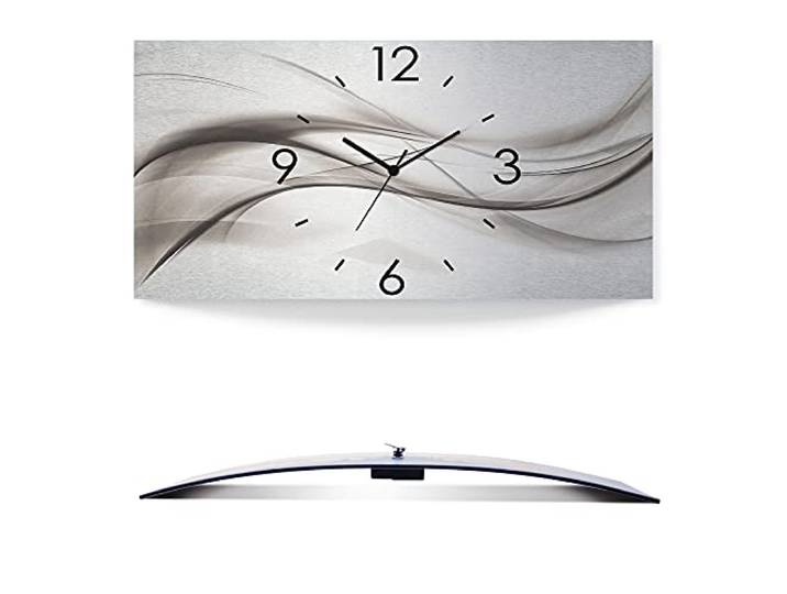 ARTLAND Wanddeko Wanduhr ohne Tickgeräusche Alu Funkuhr 50x25 cm Eckig Lautlos 3D Design Kunst Welle Abstrakt Modern Silber K5ZO