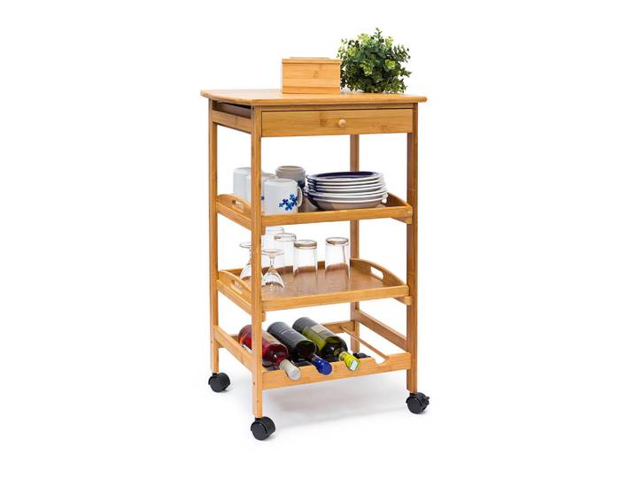 Relaxdays Servierwagen Natur Bambus mit Schublade Flaschenregal für 4 Flaschen 80,5 cm, Hellbraun, Holz, Holzwerkstoff, Kunststoff, 37x80x50 cm, Esszimmer, Servierwagen