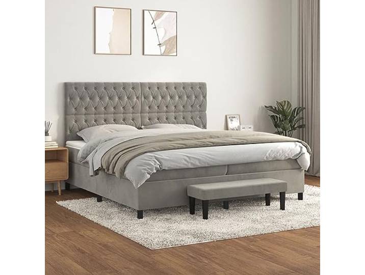 RJPLMFV Bettgestell, 200 x 200 cm, Velours, Grau, mit Taschenfederkernmatratze